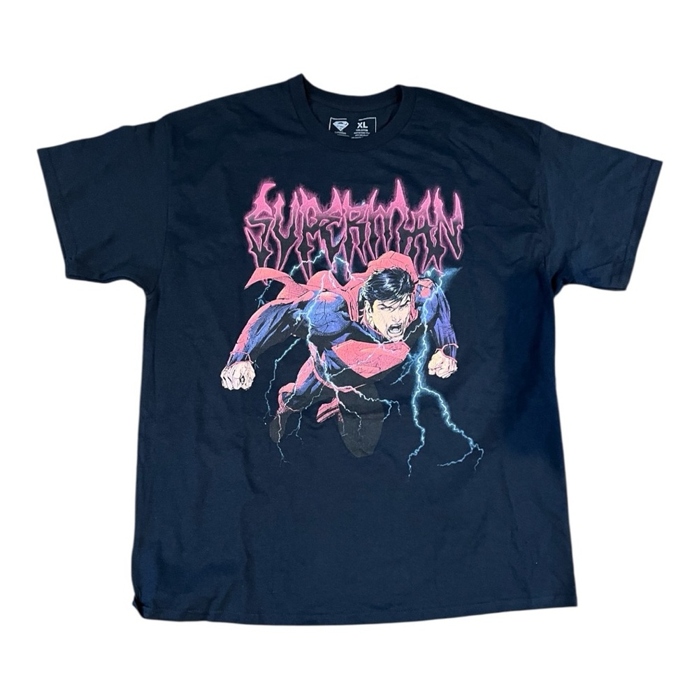 DC Comics Superman Graphic T-Shirt Black‎ Lightning Retro Metal Font Men's XL